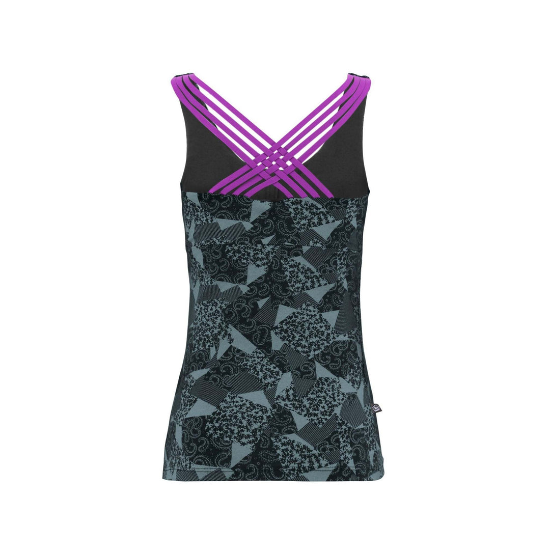 Canotta Noa 2.2 con reggiseno incorporato, coppe estraibili, tessuto bielastico stampato, cotone biologico, ricamo, bretelle elastiche, prodotta in Italia.