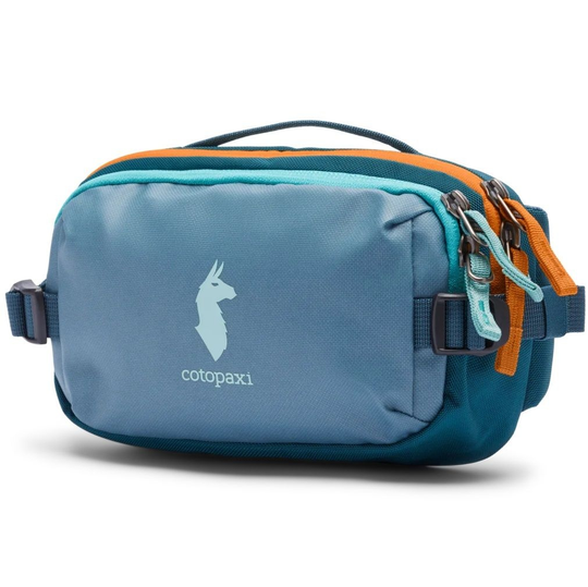 Allpa X 1.5L Hip Pack in blue and orange with logo, featuring a zippered main compartment and adjustable side buckles.