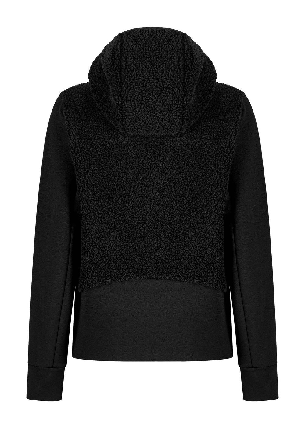 Sherpa Mix Jacket Woman, warm breathable design, hooded, thermal knit fabric, elastic fleece contrast, black color.
