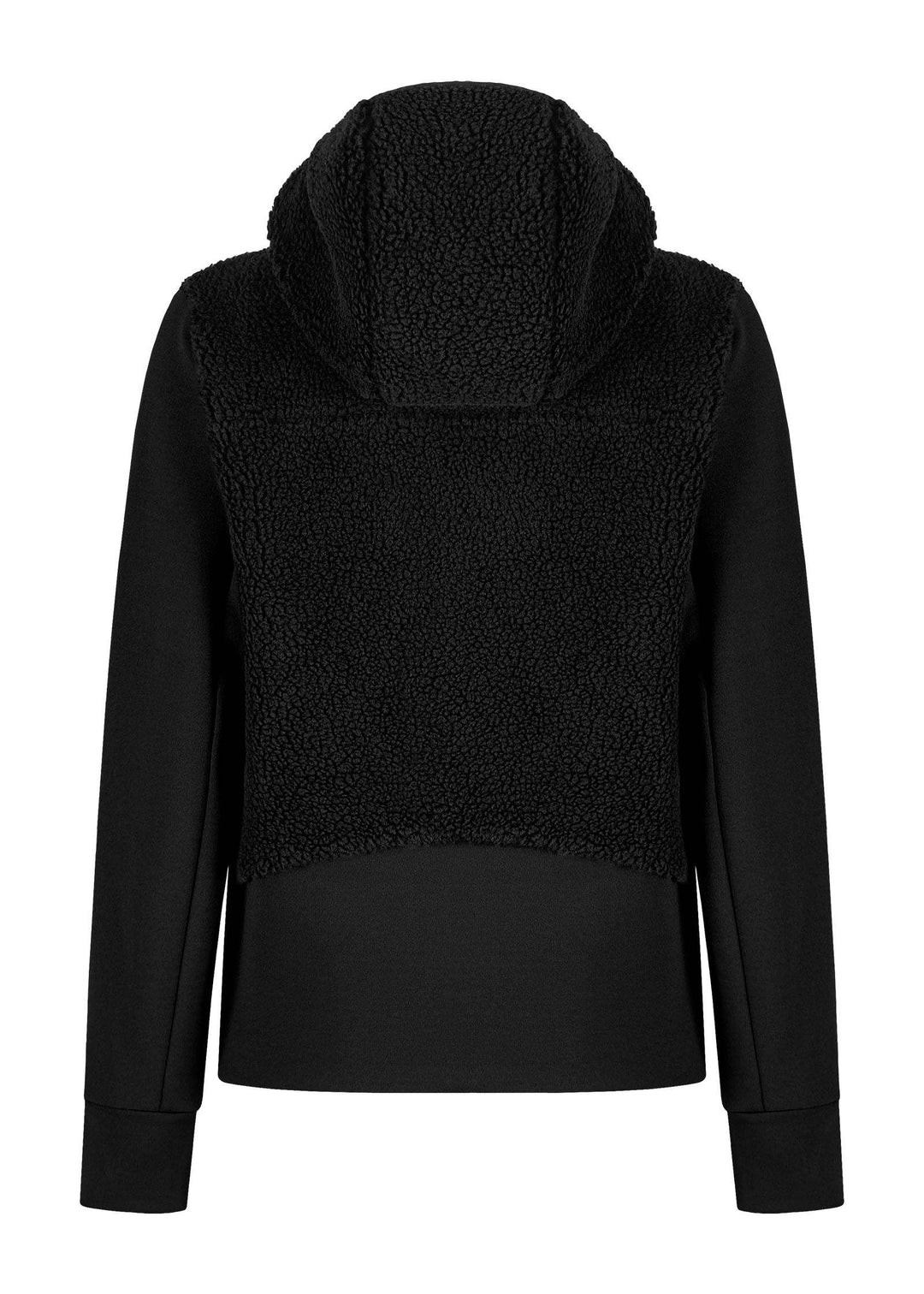 Sherpa Mix Jacket Woman, warm breathable design, hooded, thermal knit fabric, elastic fleece contrast, black color.