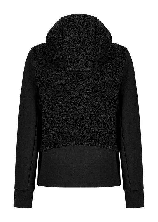Sherpa Mix Jacket Woman, warm breathable design, hooded, thermal knit fabric, elastic fleece contrast, black color.