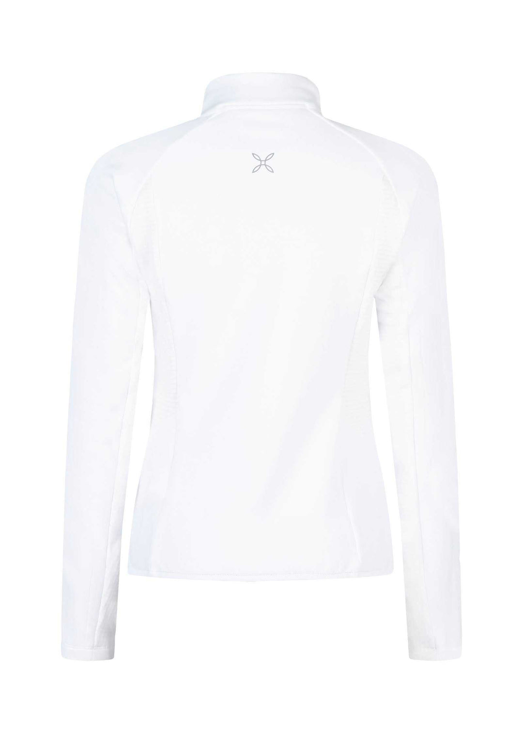 Maglia in pile bianca da donna, design aderente, traspirante e resistente, ideale per escursioni invernali.