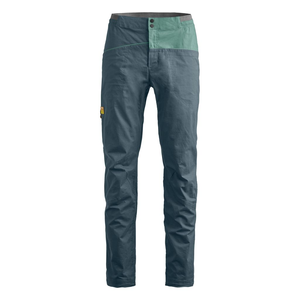 Valbon Pants M in blue with green waistband, designed for climbing, featuring organic cotton and hemp blend.