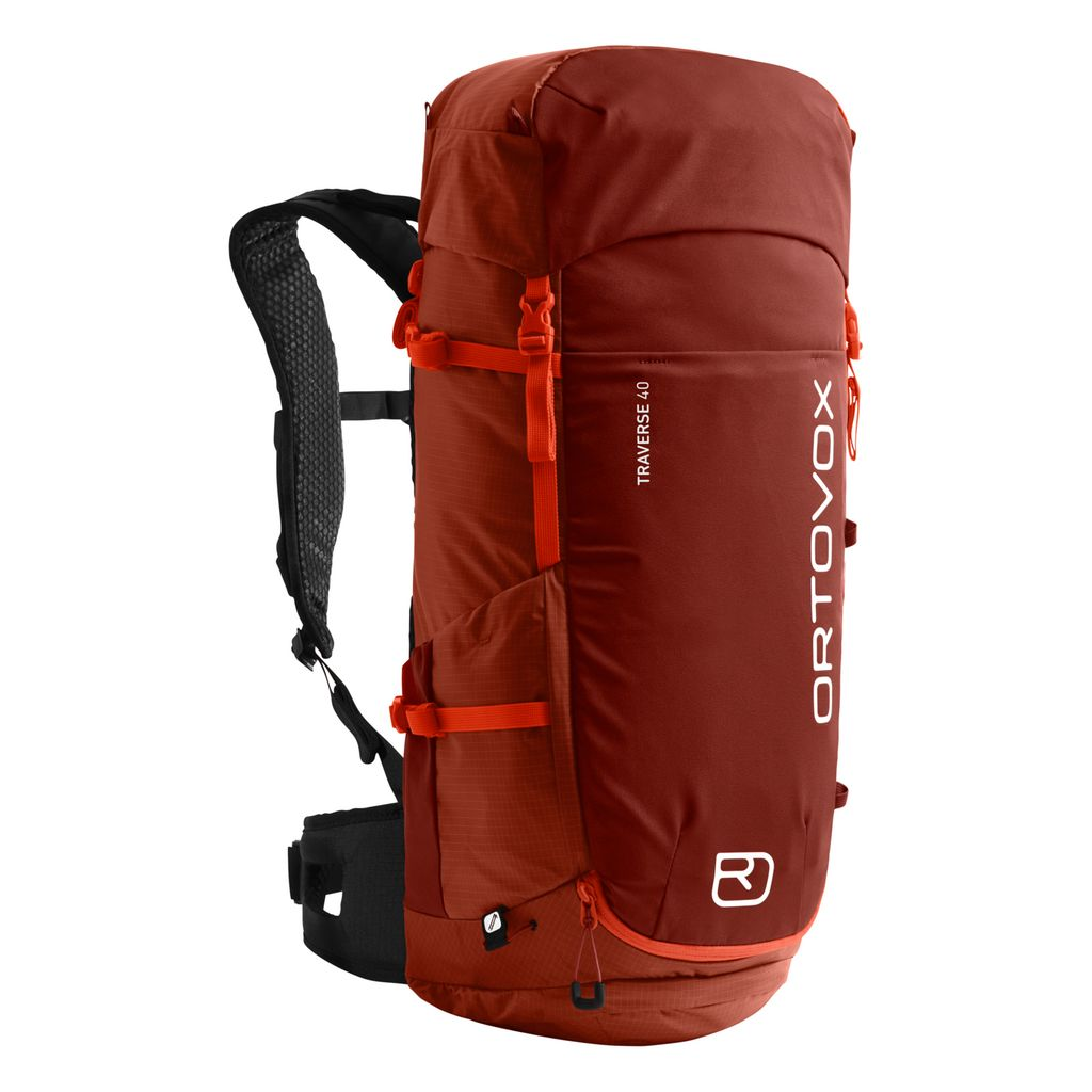 Versatile Traverse 40 alpine backpack in red, designed for comfort and functionality with recycled materials.