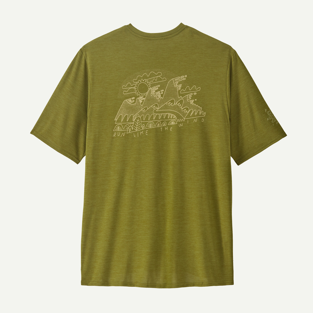 M's Cap Cool Daily Graphic Shirt in olive green, featuring unique artistic design on the back.