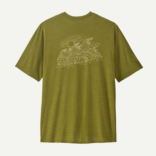 M's Cap Cool Daily Graphic Shirt in olive green, featuring unique artistic design on the back.