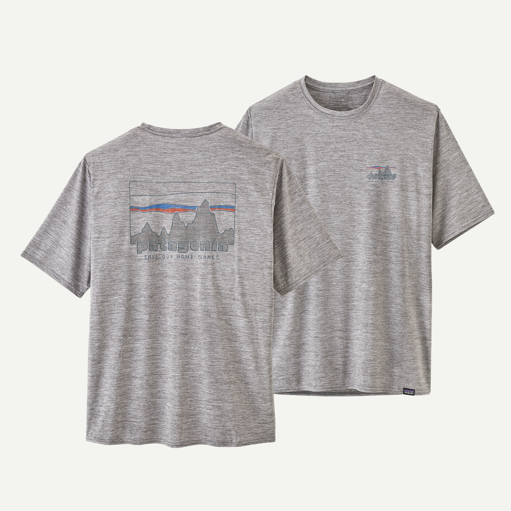 M's Cap Cool Daily Graphic Shirt by Patagonia, grey, quick-drying, odor control, recycled polyester, Fair Trade Certified.