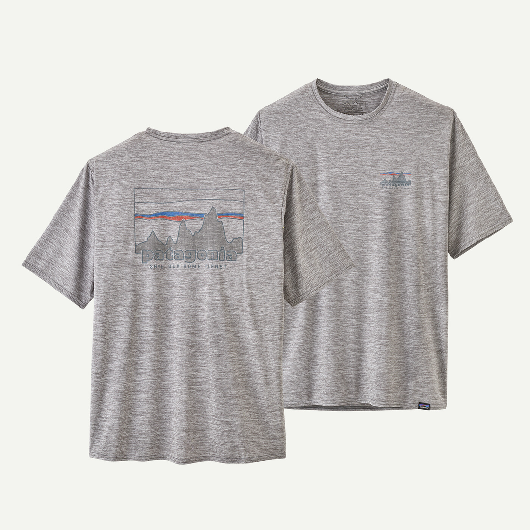 M's Cap Cool Daily Graphic Shirt by Patagonia, grey, quick-drying, odor control, recycled polyester, Fair Trade Certified.