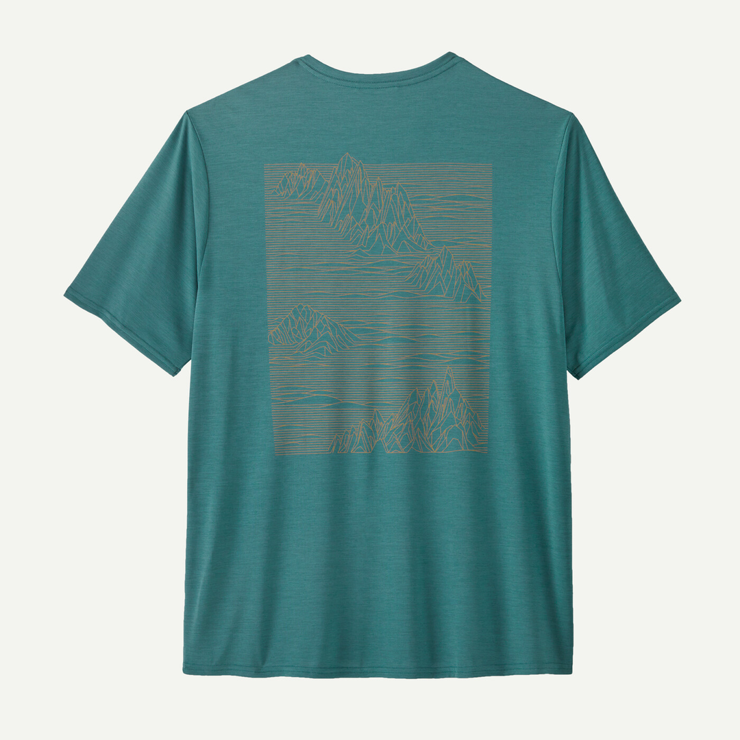 M's Cap Cool Daily Graphic Shirt in teal with mountain design, flexible fit and odor control.