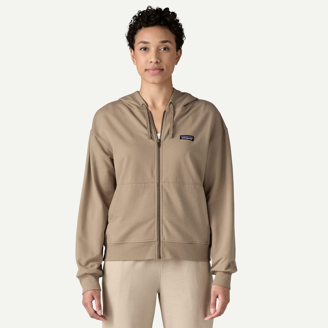 W's Ahnya Full-Zip Hoody in brown, featuring organic cotton blend, rib-knit cuffs, and full zip for comfort.