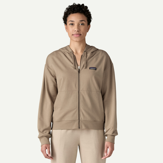 W's Ahnya Full-Zip Hoody in brown, featuring organic cotton blend, rib-knit cuffs, and full zip for comfort.