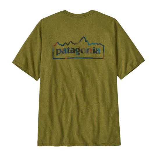 M's Unity Fitz Responsibili-Tee in olive green with Patagonia graphic logo, made from recycled materials, featuring a crew neck and regular fit.