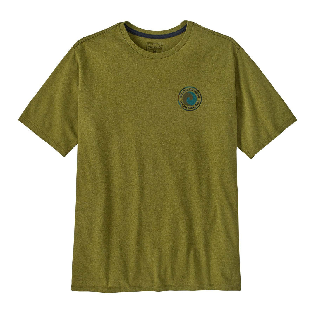 M's Unity Fitz Responsibili-Tee in olive green, made from recycled materials, featuring a graphic earth symbol and Fair Trade Certified™ production.