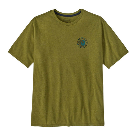 M's Unity Fitz Responsibili-Tee in olive green, made from recycled materials, featuring a graphic earth symbol and Fair Trade Certified™ production.