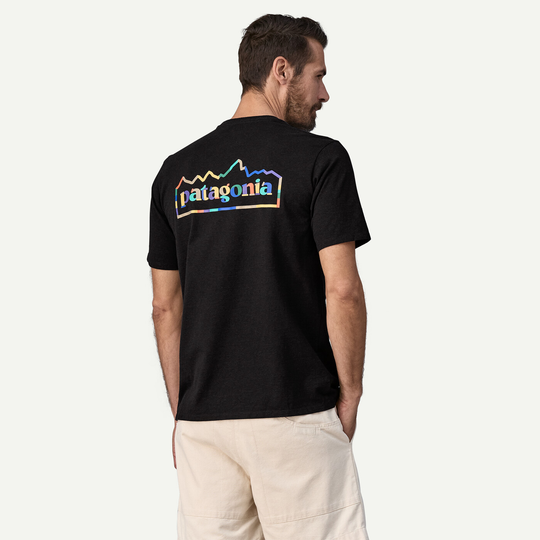 M's Unity Fitz Responsibili-Tee in black, featuring Patagonia's graphic logo, made from recycled materials, Fair Trade Certified.
