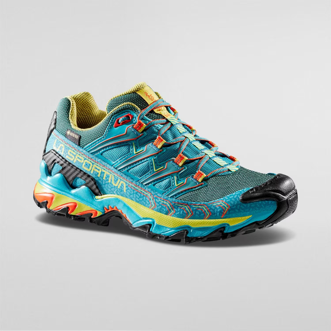 Ultra Raptor II Woman Gtx hiking shoe with GORE-TEX, blue and orange design.