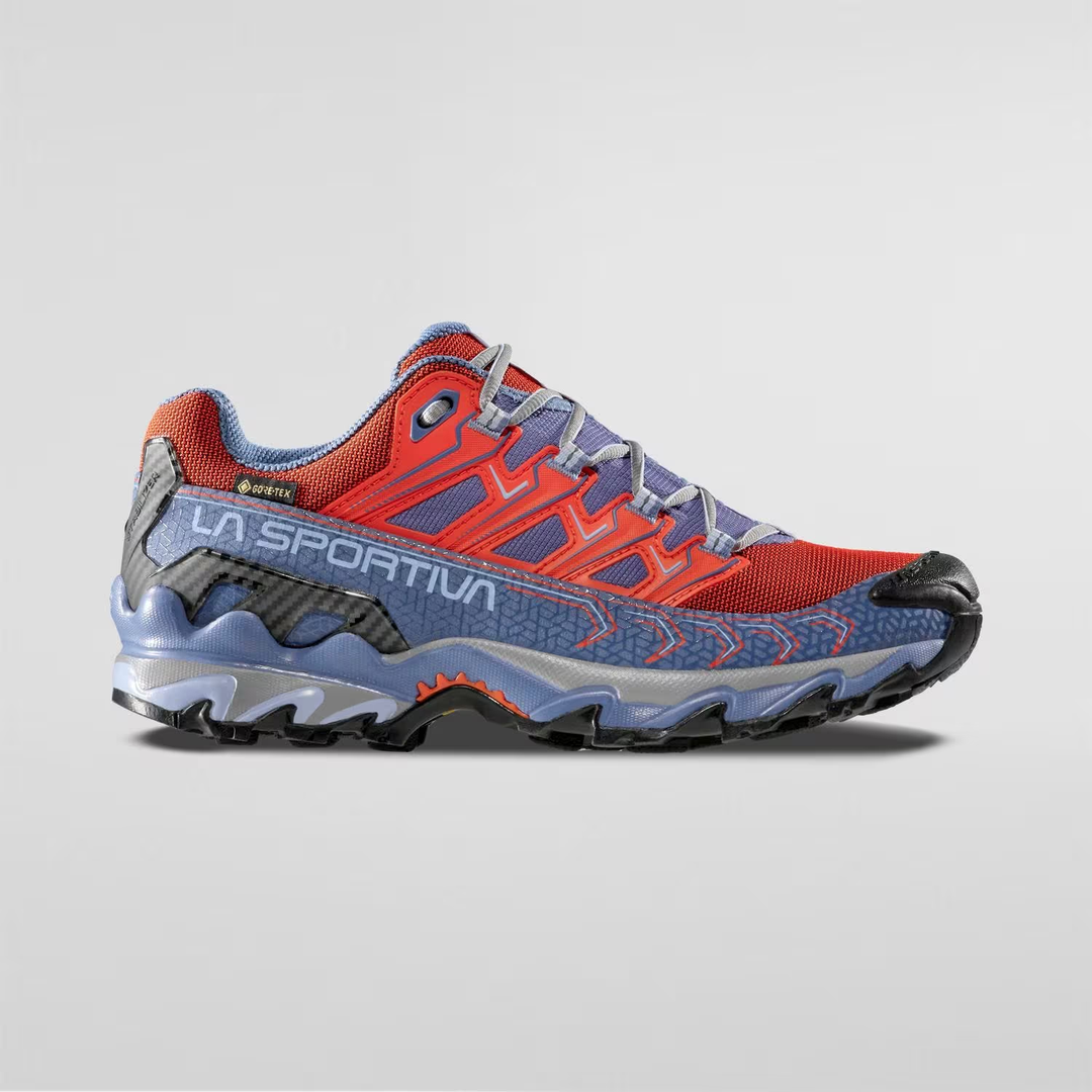 Women's Ultra Raptor II GTX hiking shoe, abrasion-resistant mesh, Gore-Tex, red and purple design.