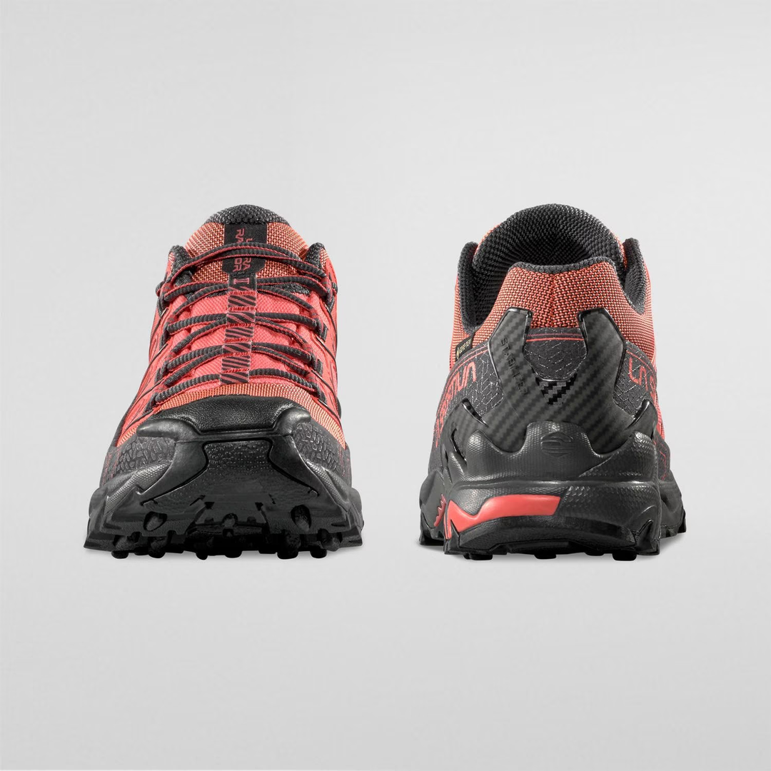 Ultra Raptor II Woman GTX hiking shoes in gray and red, front and rear view.
