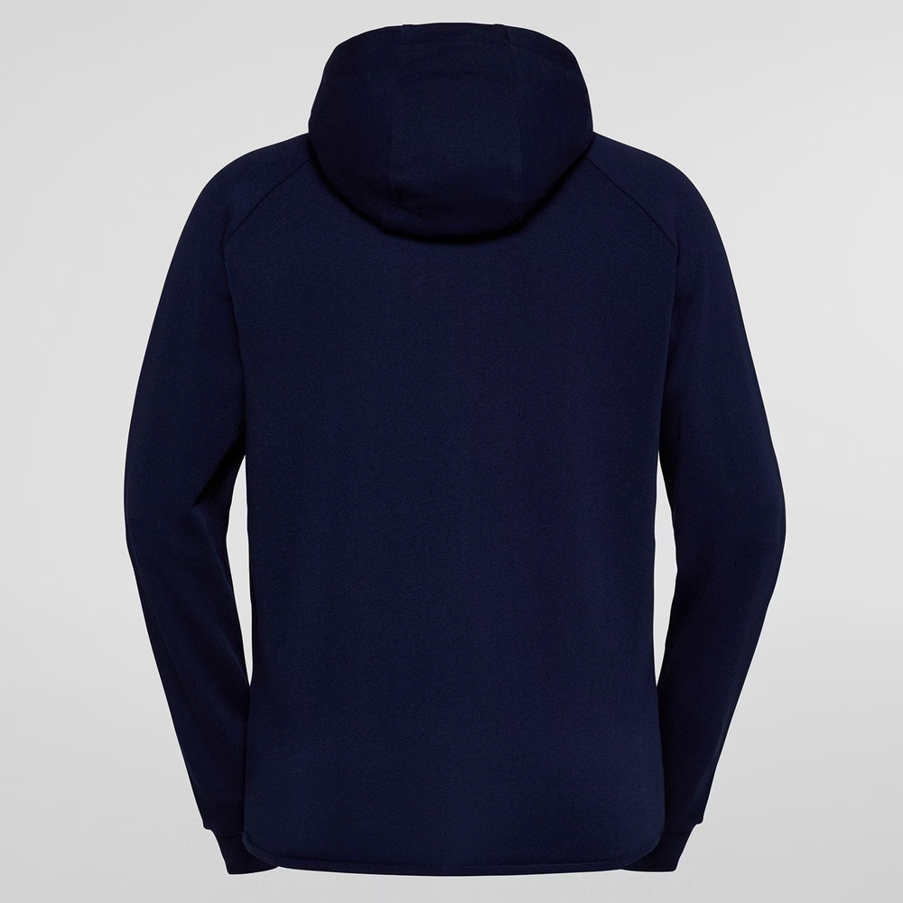 Kaos Hoody M in dark blue, rear view showing hood and long sleeves, designed for climbing sessions.