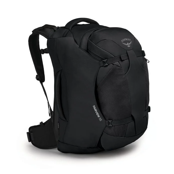 Fairview 55 backpack with detachable daypack, sleek black design, travel-ready features, and padded shoulder straps.