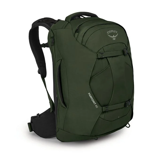 Lightweight green Osprey Farpoint 40 backpack with ergonomic design, adjustable torso, and multiple compartments for travel.