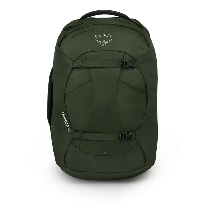 Green Farpoint 40 travel backpack with padded handles, compression straps, and robust zippers.