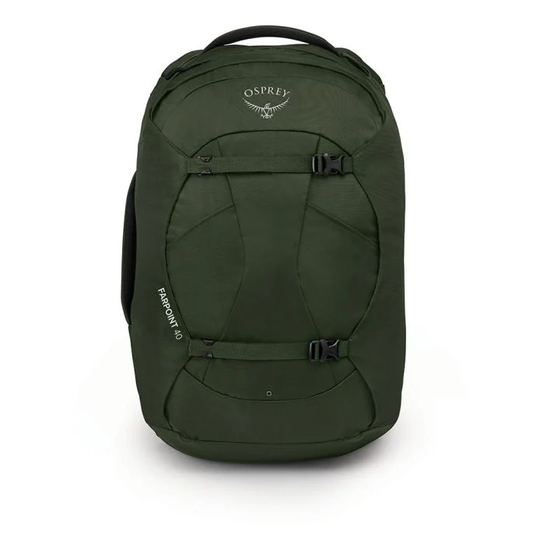 Green Farpoint 40 travel backpack with padded handles, compression straps, and robust zippers.