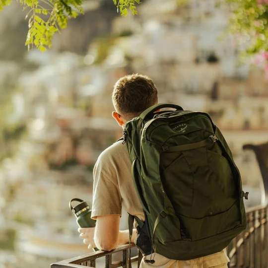 Backpacker wearing a green Farpoint 40 backpack overlooking scenic landscape.