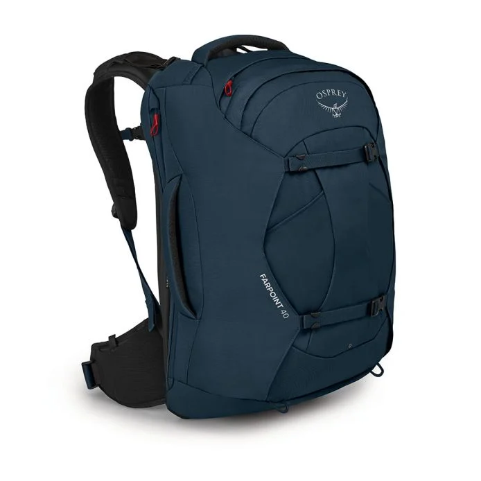 Farpoint 40 travel backpack, adjustable torso, breathable harness, blue, front view.