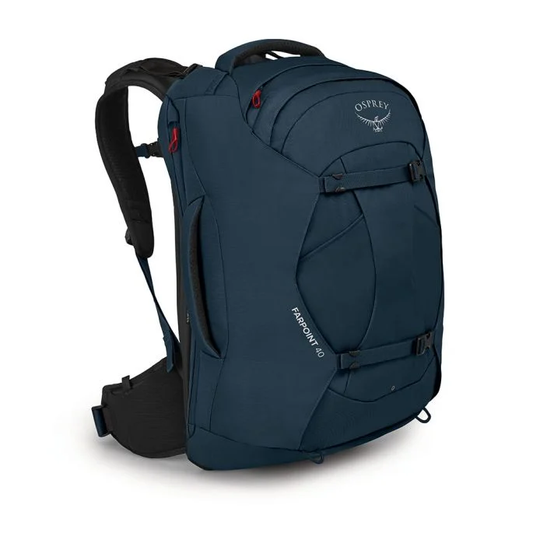 Farpoint 40 travel backpack, adjustable torso, breathable harness, blue, front view.