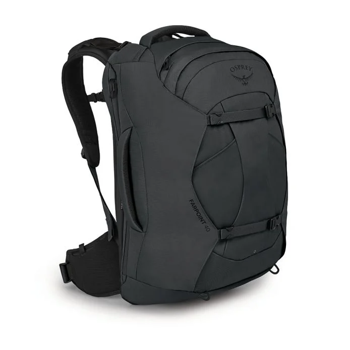 Farpoint 40 travel backpack, lightweight with multiple compartments and adjustable suspension system.