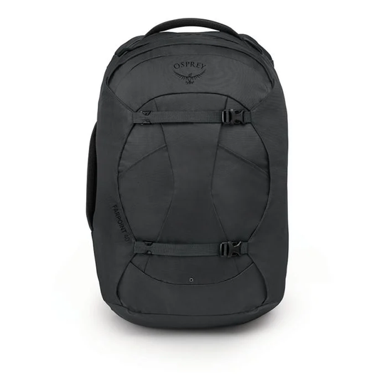 Farpoint 40 backpack with padded handles, compression straps, and multiple zippered pockets in a lightweight design.
