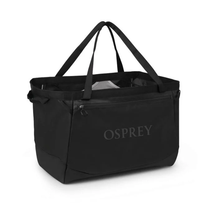 Transporter Gear Tote 60 in nero con maniglie imbottite e tasca frontale con cerniera, design robusto e resistente all'acqua.