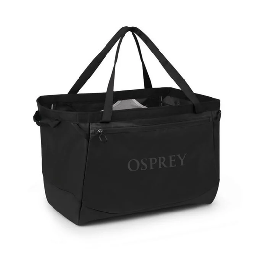 Transporter Gear Tote 60 in nero con maniglie imbottite e tasca frontale con cerniera, design robusto e resistente all'acqua.