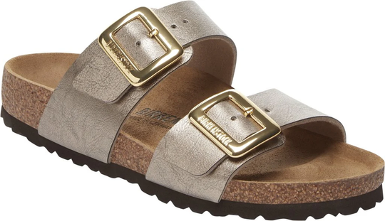 Sidney Birkenstock sandals with Birko-Flor straps, gold buckles, and cork-latex footbed.