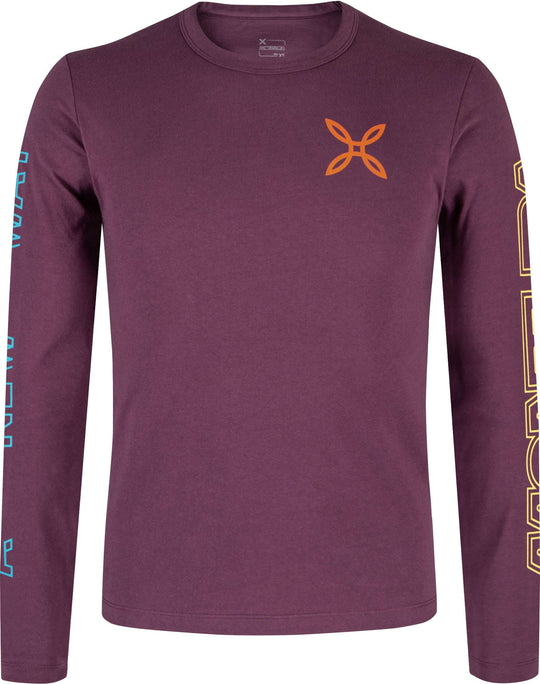 Long-sleeve purple climbing shirt made of 100% organic cotton, breathable and stretchy for comfort and movement.