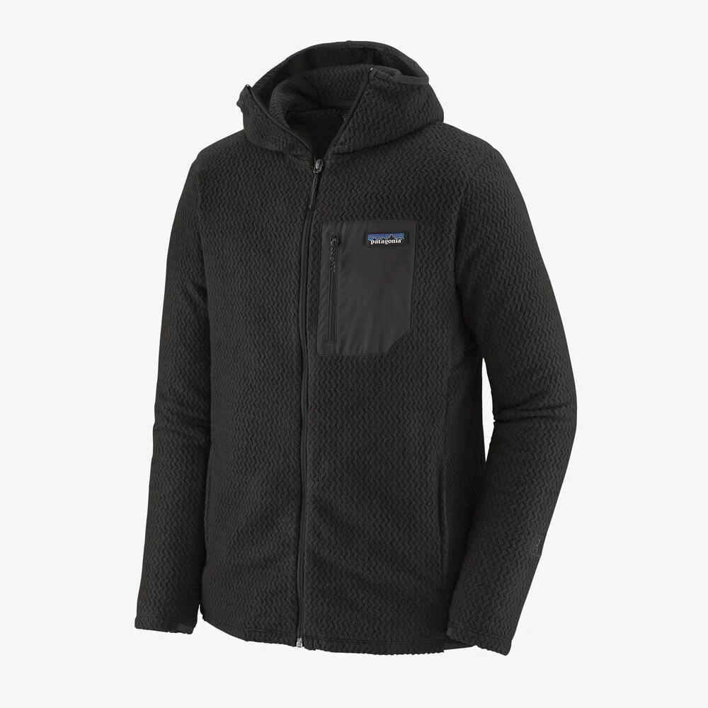 R1 Air Full-Zip Hoody in black, lightweight breathable technical fleece with zip pockets and Fair Trade Certified™.