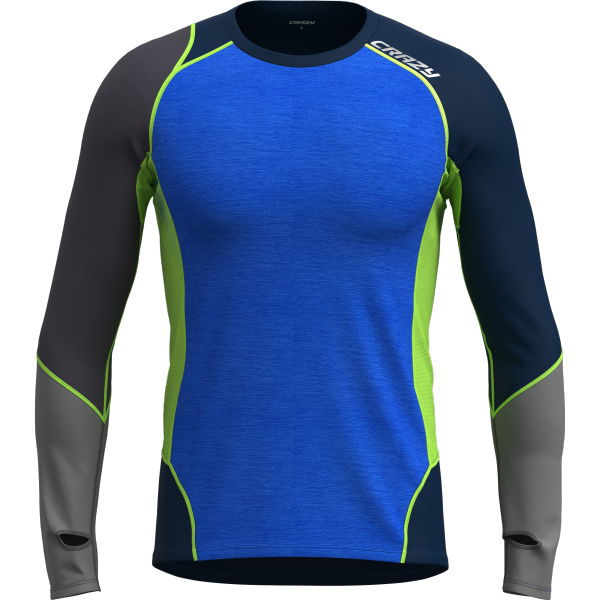 Long-sleeve blue and green trekking T-shirt made with Stretch Series fabric for comfort and freedom of movement.