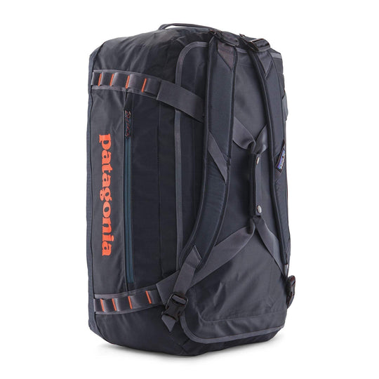 Black Hole Duffel 55L, durable and waterproof, made from 100% recycled materials, features ergonomic straps and accessible compartments.