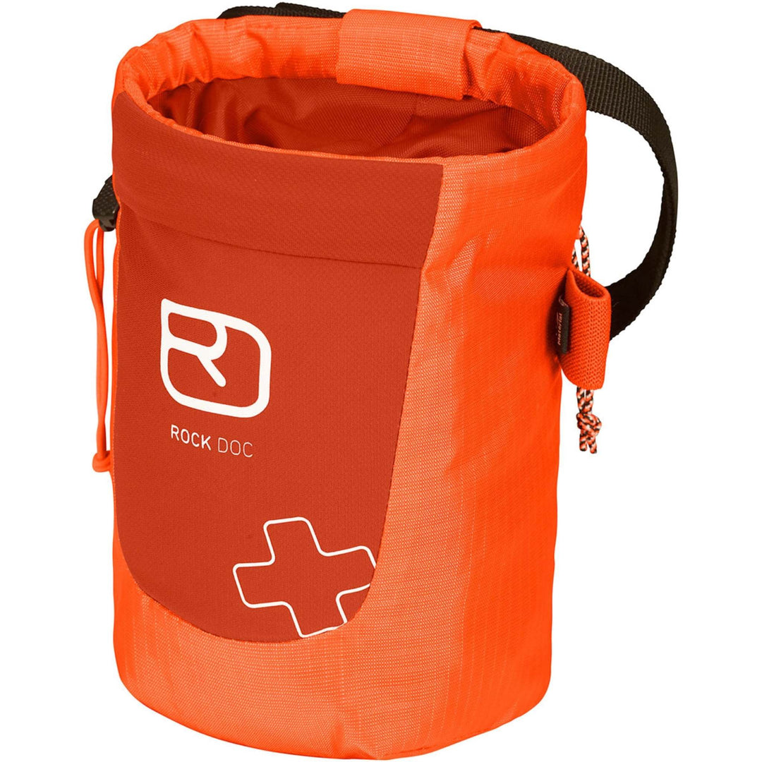 First Aid Rock Doc - Chalk bag with integrated first aid kit for climbers, featuring quick access, emergency essentials, and storage for energy bar and smartphone.