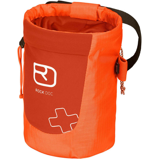 First Aid Rock Doc - Chalk bag with integrated first aid kit for climbers, featuring quick access, emergency essentials, and storage for energy bar and smartphone.