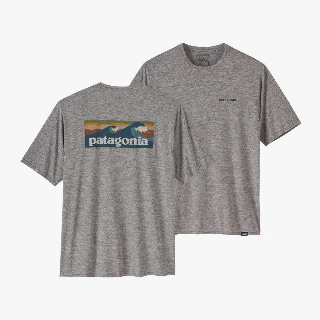 M's Cap Cool Daily Graphic Shirt, versatile technical shirt in gray with Patagonia logo, made from recycled polyester with odor control and Fair Trade Certified.