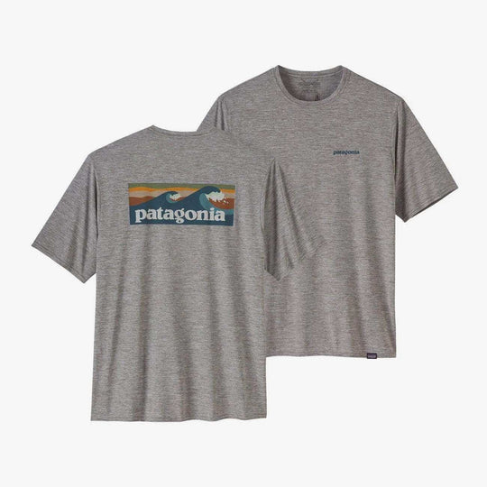 M's Cap Cool Daily Graphic Shirt, versatile technical shirt in gray with Patagonia logo, made from recycled polyester with odor control and Fair Trade Certified.