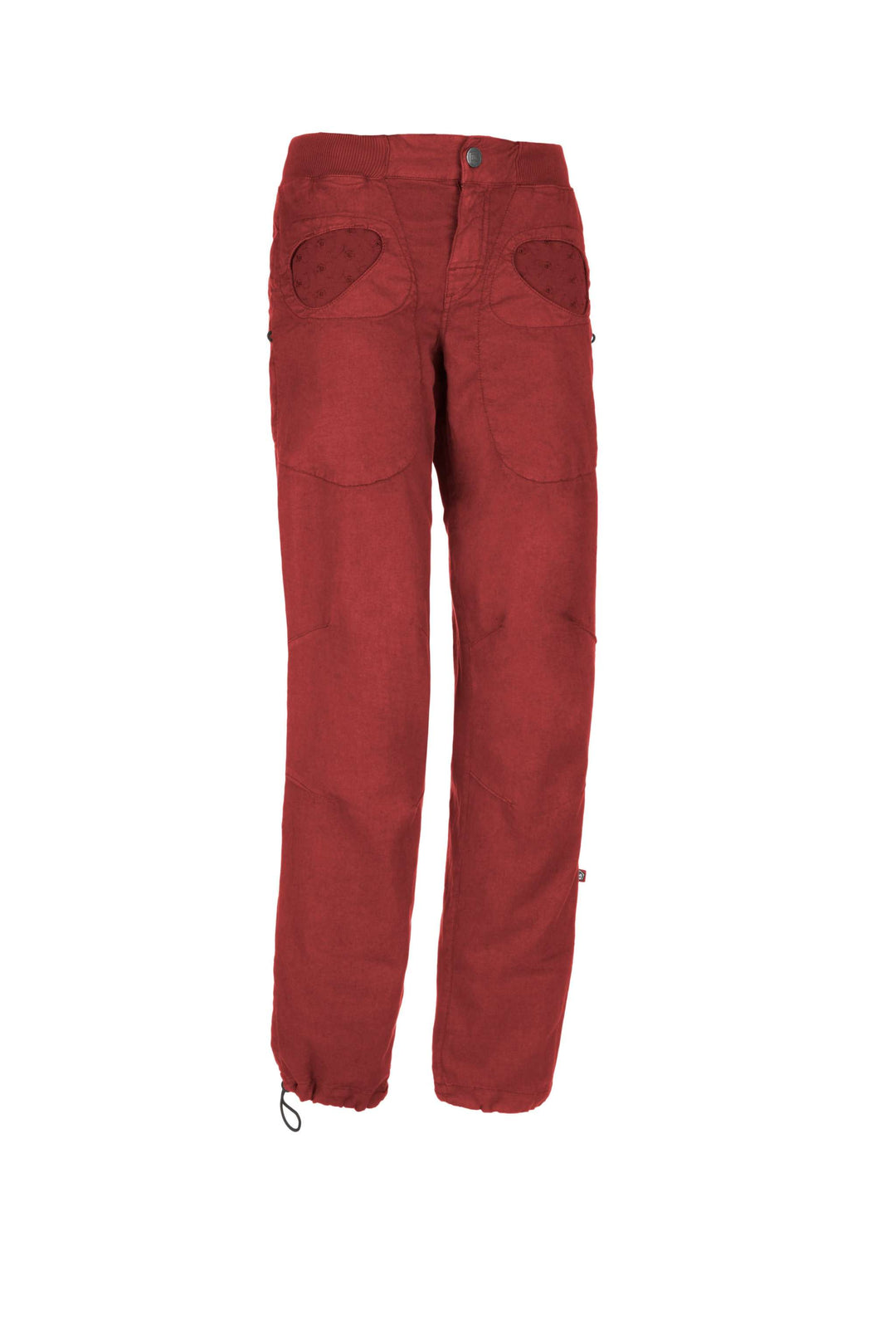 Onda Flax outdoor climbing pants with adjustable hem and waist, linen and organic cotton blend, red color.