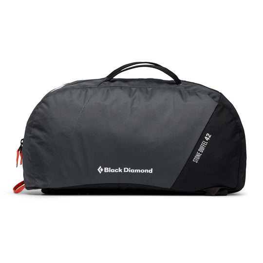 Black Diamond Stone 42 Duffel bag with full-length zipper, made from recycled materials.