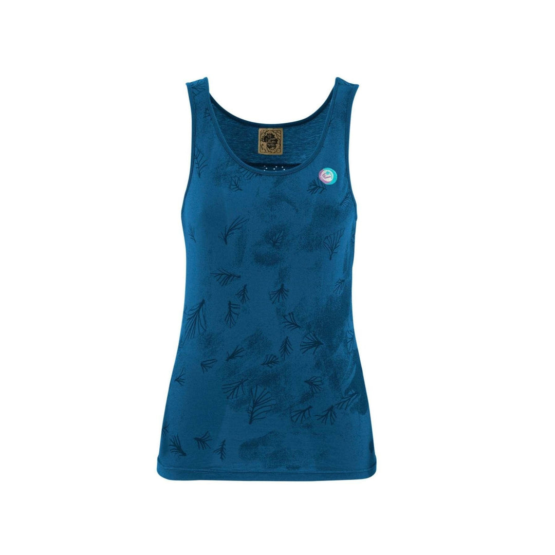 Sleeveless blue 'Tola 2.4' top with front print, organic cotton, and breathable mesh back for comfort and mobility.