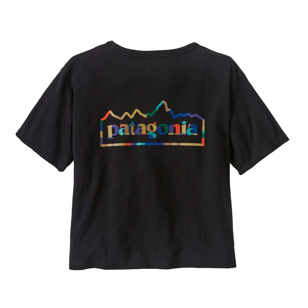 Black t-shirt with colorful Patagonia logo and Earth symbol, made from recycled materials, featuring a comfortable boxy fit.