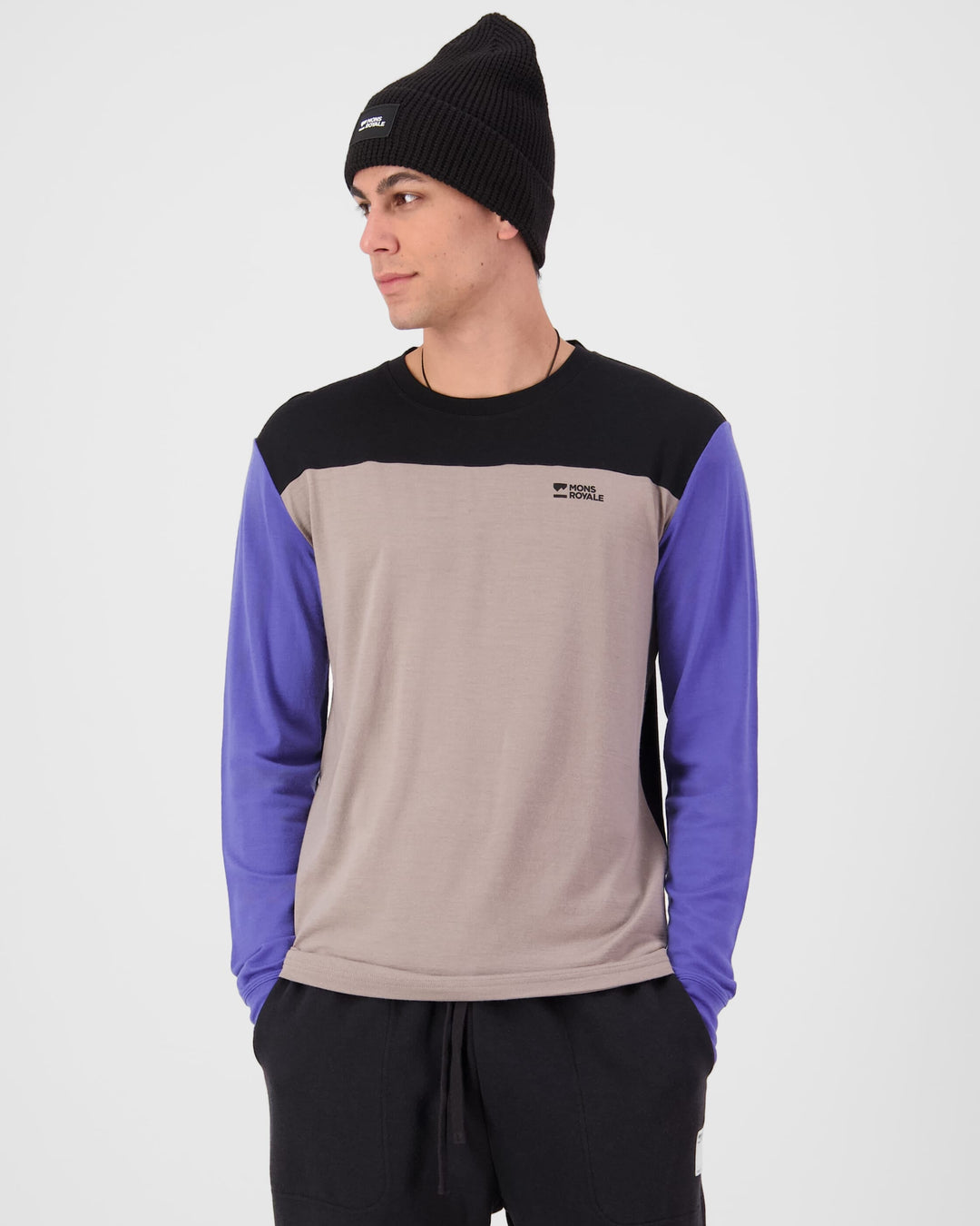 Mons Royale Yotei Merino Long Sleeve Cinder / Blue Dusk / Black 100072-1171-1001 - on-model front