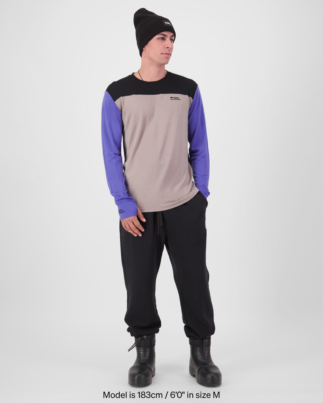 Mons Royale Yotei Merino Long Sleeve Cinder / Blue Dusk / Black 100072-1171-1001 - on-model full length