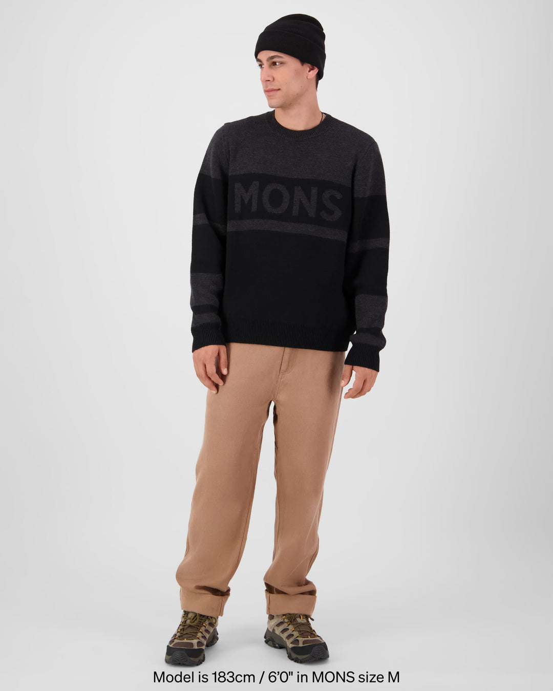 Mons Royale Innsbruck Merino Knit Sweater Charcoal Black 100950-1336-1053 - on-model full length